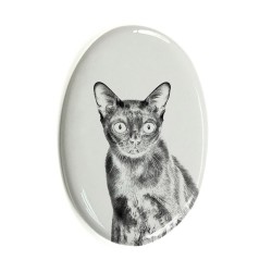 Bombay - Keramikplatte, Grabplatte, oval mit Bild eines Katzen.