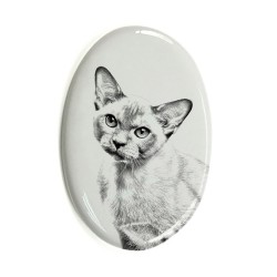 Burma-Katze- Keramikplatte, Grabplatte, oval mit Bild eines Katzen.