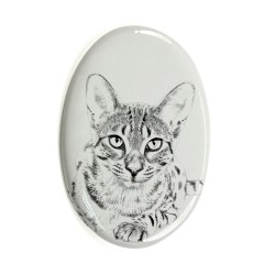 Mau égyptien- Plaque céramique tumulaire, ovale, image du chat.