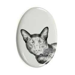 Havana-Katze- Keramikplatte, Grabplatte, oval mit Bild eines Katzen.