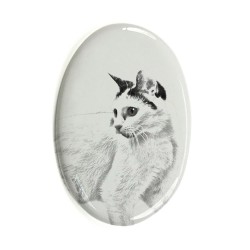 Japanese Bobtail- Gravestone oval ceramic tile with an image of a cat.