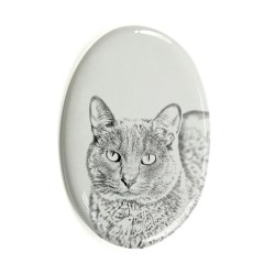 Korat- Lastra di ceramica ovale tombale con immagine del gatto.