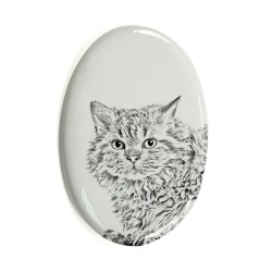 Selkirk Rex longhaired- Gravestone oval ceramic tile with an image of a cat.