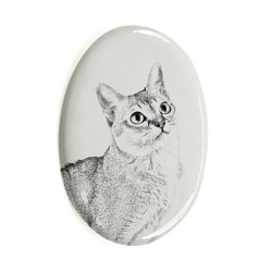 Singapura- Lastra di ceramica ovale tombale con immagine del gatto.