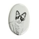 Snowshoe- Keramikplatte, Grabplatte, oval mit Bild eines Katzen.
