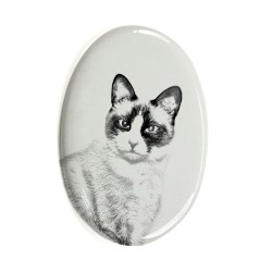 Snowshoe- Lastra di ceramica ovale tombale con immagine del gatto.