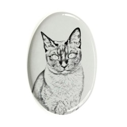 Tonkanese- Lastra di ceramica ovale tombale con immagine del gatto.