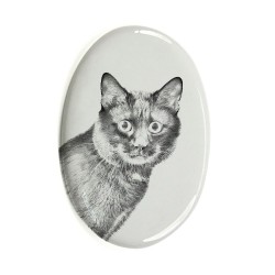 Lastra di ceramica ovale tombale con immagine del gatto.