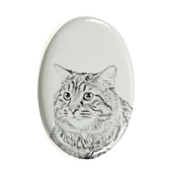 Kurilian Bobtail longhaired- Lastra di ceramica ovale tombale con immagine del gatto.