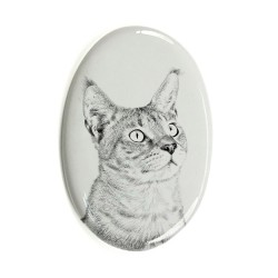 Chausie- Keramikplatte, Grabplatte, oval mit Bild eines Katzen.