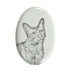 LaPerm- Gravestone oval ceramic tile with an image of a cat.