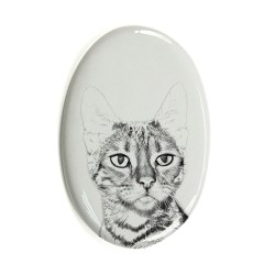 Toyger- Gravestone oval ceramic tile with an image of a cat.