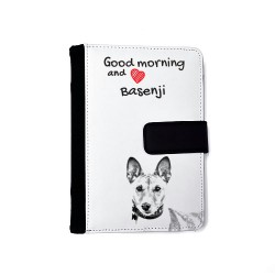 Basenji- Notizbuch aus Öko-Leder mit Kalender und dem Abbild von einem Hund.
