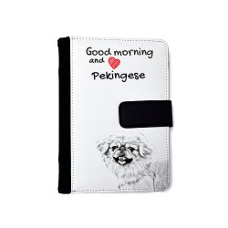 Pekinese - Notizbuch aus Öko-Leder mit Kalender und dem Abbild von einem Hund.
