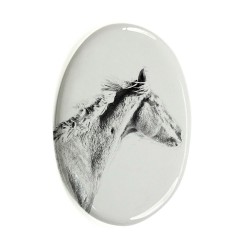 Purosangue inglese- Lastra di ceramica ovale tombale con immagine del cavallo.