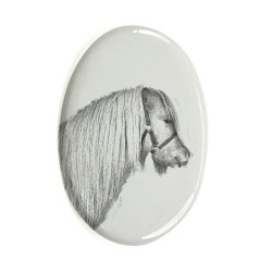 Poni de las Shetland- Lastra di ceramica ovale tombale con immagine del cavallo.
