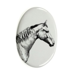 Selle français- Lastra di ceramica ovale tombale con immagine del cavallo.