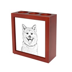 Akita, portacandele/portapenne di legno con l’immagine di un cane