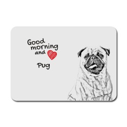Pug, A mouse pad with the image of a dog.