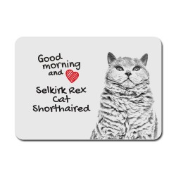 Selkirk rex shorthaired, A mouse pad with the image of a cat.