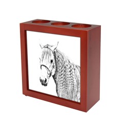Azteca- portacandele/portapenne di legno con l’immagine di un cavallo