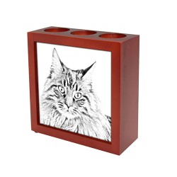 Maine Coon, portacandele/portapenne di legno con l’immagine di un gatto