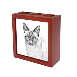 Siamese (gatto), portacandele/portapenne di legno con l’immagine di un gatto