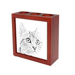 American shorthair, portacandele/portapenne di legno con l’immagine di un gatto