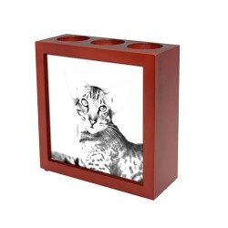 Oriental gatto, portacandele/portapenne di legno con l’immagine di un gatto