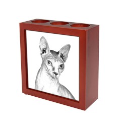 Sphynx, portacandele/portapenne di legno con l’immagine di un gatto