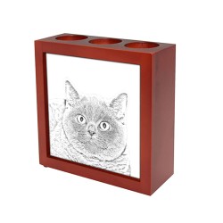 British Shorthair, portacandele/portapenne di legno con l’immagine di un gatto