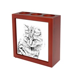 American Bobtail, portacandele/portapenne di legno con l’immagine di un gatto