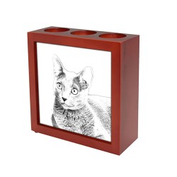 Blu di Russia, portacandele/portapenne di legno con l’immagine di un gatto