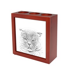 Scottish Fold- wooden stand for candles/pens with the image of a cat !