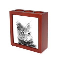 Chartreux- wooden stand for candles/pens with the image of a cat !