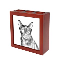 Bombay americano, portacandele/portapenne di legno con l’immagine di un gatto