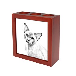 Burmese, portacandele/portapenne di legno con l’immagine di un gatto