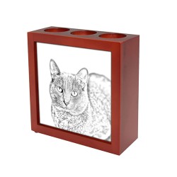 Korat, portacandele/portapenne di legno con l’immagine di un gatto