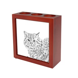 Selkirk rex longhaired- wooden stand for candles/pens with the image of a cat !