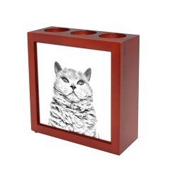 Selkirk rex shorthaired- wooden stand for candles/pens with the image of a cat !