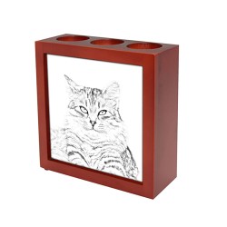 Gatto siberiano, portacandele/portapenne di legno con l’immagine di un gatto