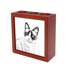 Snowshoe, portacandele/portapenne di legno con l’immagine di un gatto