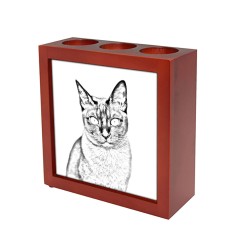 Tonchinese, portacandele/portapenne di legno con l’immagine di un gatto