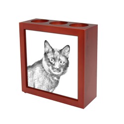 Kurilian Bobtail, portacandele/portapenne di legno con l’immagine di un gatto