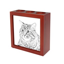 Kurilian Bobtail longhaired, portacandele/portapenne di legno con l’immagine di un gatto