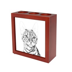 Toyger, portacandele/portapenne di legno con l’immagine di un gatto