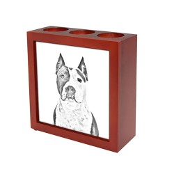 American Staffordshire Terrier, portacandele/portapenne di legno con l’immagine di un cane