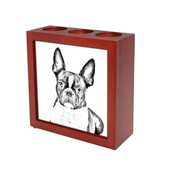 Boston Terrier, portacandele/portapenne di legno con l’immagine di un cane