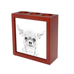Chihuahua, portacandele/portapenne di legno con l’immagine di un cane