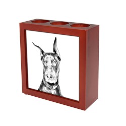 Dobermann, portacandele/portapenne di legno con l’immagine di un cane